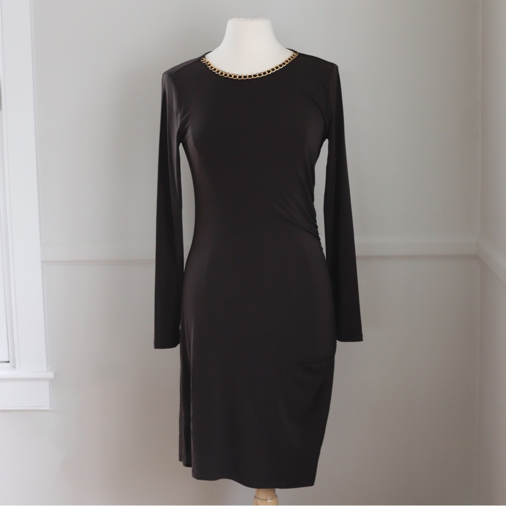 Michael Kors Dark Brown Gold Neckline Side Ruched Stretch-Jersey Midi Dress M